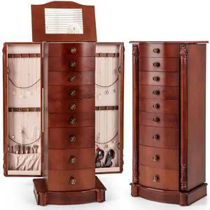 Giantex Large Jewelry Armoire Cabinet with 8 Drawers & 2 Swing Doors 16 Hooks Top Mirror Boxes, Standing Cambered Front Storage Chest Stand, Large Standing Jewelry Armoire, Dark Walnut