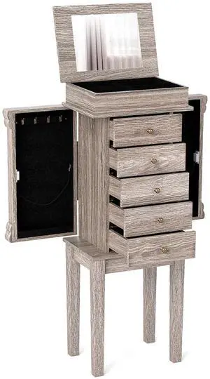 CHARMAID Gray Cabinet, 5 Drawers Jewelry Armoire with Mirror, Swing Doors, Necklace Hooks, Standing Organizer, Large