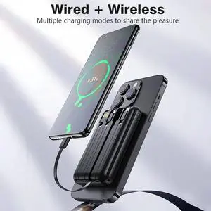 10000mAh Power Bank 15W Magnetic Fast Charging External Battery Wireless Charger with 4lines Cable for iPhone 15/14/13 xiaomi Black
