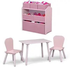 Delta Children 4-Piece Toddler Playroom Set  Includes Play Table, 2 Chairs and 6 Bin Toy Organizer with Reusable Vinyl Cling Stickers, Light Pink/Dark Pink