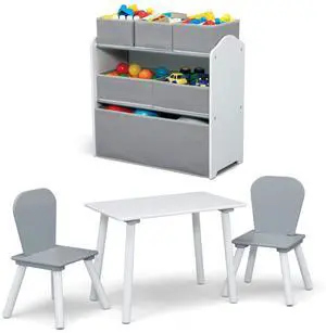 Delta Children 4-Piece Toddler Playroom Set  Includes Play Table, 2 Chairs and and 6 Bin Toy Organizer with Reusable Vinyl Cling Stickers, Light Grey/Dark Grey