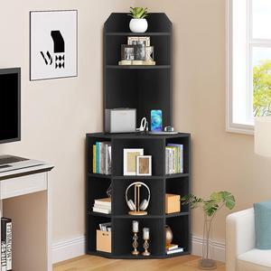 Dextrus 5-Tier Corner Shelf with USB Ports and Outlets, Corner Bookshelf Bookcase Display Shelves Rack Storage Corner Bar Cabinet for Living Room, Home Office, Kitchen Black