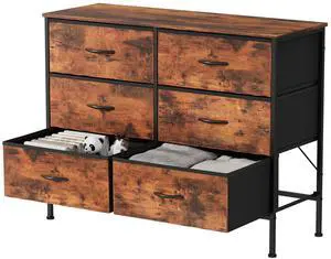 GIANNA 6 Drawer Dresser for Bedroom, Tall Chest Organizer with Fabric Bins, Steel Frame Brown