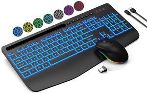 Wagpak Wireless Keyboard and Mouse Combo with 7 Color Backlit Palm Rest Phone Holder for PC, Laptop