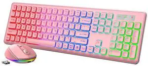 Wagpak Wireless Keyboard and Mouse Combo RGB Backlit Rechargeable 2.4GHz Quiet 108 keys Keyboard Pink