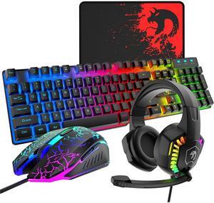 Wired Gaming Keyboard&Mouse Headset Combo,Rainbow Over Ear Headphone with Mic,Mice Pad for PC(Black)