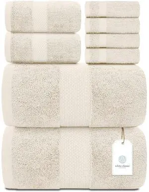 White Classic Luxury Ivory Bath Towel Set - Combed Cotton Hotel Quality Absorbent 8 Piece Towels | 2 Bath Towels | 2 Hand Towels | 4 Washcloths - 8 Pack | Ivory