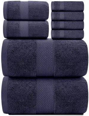 Classic Luxury Ivory Bath Towel Set - Combed Cotton Hotel Quality Absorbent 8 Piece Towels | 2 Bath Towels | 2 Hand Towels | 4 Washcloths - 8 Pack | Ivory Navy Blue