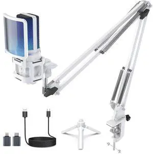 ZealSound Gaming USB Microphone,Noise Cancellation Condenser mic,3.5mm Headphone,RGB Microphone with Mute,Gain,Monitoring,Boom Arm,Pop Filter for Phone,PC,Computer,Mac,Streaming,Podcast white ZealSound Gaming USB Microphone,Noise Cancellation Condenser mic,3.5mm Headphone,RGB Microphone with Mute,Gain,Monitoring,Boom Arm,Pop Filter for Phone,PC,Computer,Mac,Streaming,Podcast white