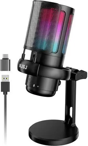 NJSJ USB Microphone, Gaming Mic for PC,PS4,PS5 and Mac,Condenser Microphone with 9 RGB Light Modes,Mute Button,Gain Control, Headphones Jack,Desk Streaming Mics for Podcast,YouTube