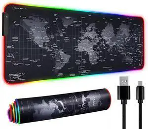 RGB LED Gaming Mouse Soft Pad Extra Large Oversized Glowing World Map 31.5X12''