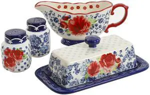 The Pioneer Woman Frontier Rose Butter Dish w/Lid, Gravy Boat and Salt & Pepper Set, 5 Piece Set