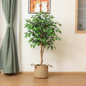DR.Planzen Artificial Ficus Tree, Lifelike Greenery with Natural Wood Trunk for Living Room, office floor and corner decor, Tall Indoor Artificial Trees in Black Plastic Pot