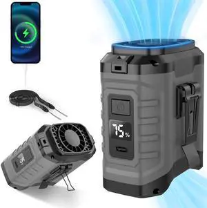 10000mAh Portable Waist Fan Clip on Wearable Belt Personal Fan Rechargeable Battery operated With 5 Speeds & Flashlight Neck Hands-Free 50H Cooling For Outdoor Camping Travel Fishing