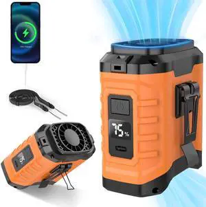 10000mAh Portable Waist Fan Clip on Wearable Belt Personal Fan Rechargeable Battery operated With 5 Speeds & Flashlight Neck Hands-Free 50H Cooling For Outdoor Camping Travel Fishing orange