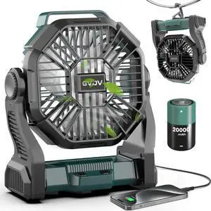 GVDV Ventilador de Camping con Linterna LED, Ventilador Portátil para Exteriores con Batería de 20000 Mah, Ventilador de Escritorio Recargable Personal para Viajes, Caminatas, Pesca, Picnic, Verde