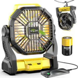 GVDV Ventilador de Camping con Linterna LED, Ventilador Portátil para Exteriores con Batería de 20000 Mah, Ventilador de Escritorio Recargable Personal para Viajes, Caminatas, Pesca, Picnic Yellow