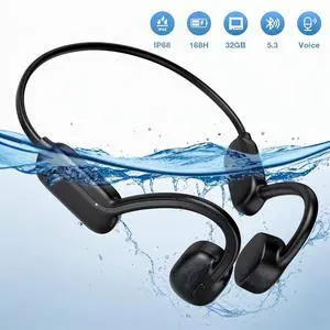 AUOSHI IP68 Waterproof Open Ear Bone Conduction Headphones, Wireless Bluetooth 5.3 Headset with Built-in 32GB Music Player, Underwater Sports Headphones for Swimming,Running,Cycling Workout Gym,Black
