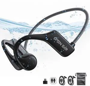 Bluetooth 5.3 Headphones AUOSHI IP68 Bone Conduction Swim Headphones 32G MP3 Player for Workout - Open Ear Wireless Bluetooth Headsets, with Earplug, Black