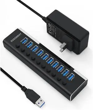 ROSONWAY Aluminum 10 Port 36W Powered USB 3.0 Hub with 12V/3A Power Adapter and Individual On/Off Switches, RSW-A10