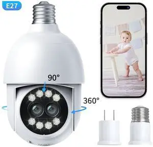 TOPVISION Light Bulb Camera, 4MP Outdoor Surveillance Camera with 360°PTZ, Dual Lens, Full Color Night Vision, White, 1