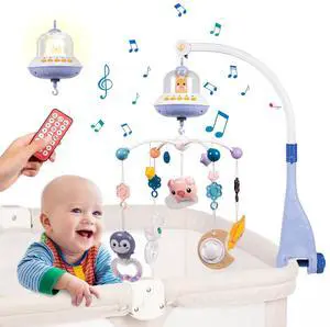 FEBFOXS Baby Crib Mobile Toys, Baby Mobile for Crib with Music and Lights, Nursery Mobile with Remote for Bassinet, Hanging Toys for Boys Girls