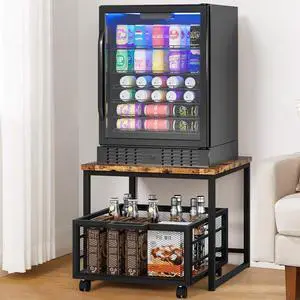 Compact Mini Fridge Stand with Storage Drawer Rolling Basket Beverage Organizer Dorm Office Home Bar Shelving Solution