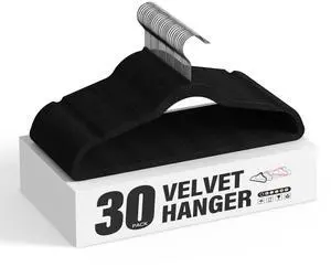 30 Pack Velvet Hangers Non-Slip Clothes Hangers with Shoulder Notches Black