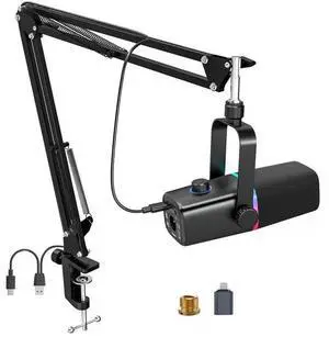 ZealSound XLR/USB Dynamic Microphone for Gaming Podcast,Mic for iPhone Phone PC Computer Gaming Streaming Microphone with RGB Light,Mute Button,Mic Gain,Headphones Jack,Boom Arm Stand,Singing YouTube