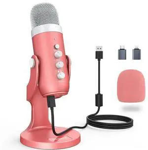 ZealSound Gaming USB Pink Microphone with Quick Mute for Phone Computer PC PS5,Studio Mic with Gain Control,Echo&Monitor Volume Adjust for Streaming Vocal Recording ASMR Podcast Video K66