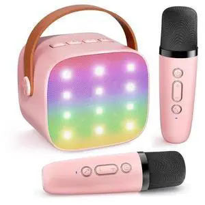 Haomuren Mini Karaoke Machine for Kids, Christmas Birthday Gifts for 3-14 Years Toys for Girls Boys Toddler,Portable Bluetooth Karaoke Machine with 2 Wireless Microphones and Light Speaker,Pink 2Mics