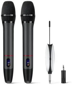 ZealSound UHF Wireless Microphone System-Metal Rechargeable Cordless Dynamic Mic,2 Handheld Mics with Auto Frequency Scan,LCD Display,200ft Range Professional for Karaoke,Church,Stage,Live