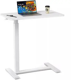 Adjustable Overbed Bedside Table with Wheels Mobile Standing Desk White