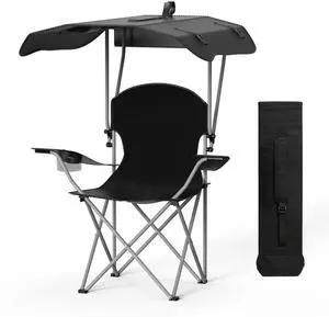 Canopy Lounge Chair with Sunshade for Camping Hiking with Cup Holder Black