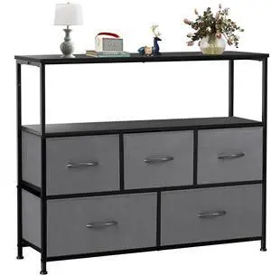 TV Stand with 5 Fabric Drawers Storage Organizers Units for Living Room Gray