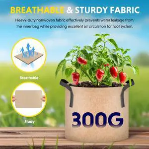 5 Pack 5 Gallon Tan Grow Bags for Tomato Fruits Vegetables and Flowers