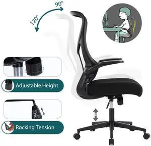 Mesh Chair with Flip-up Armrest Lumbar Support Backrest for Home Office Black