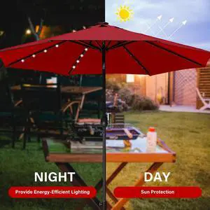 9' Solar Umbrella 32 LED Lighted with Push Button Tilt/Crank Outdoor Garden Red