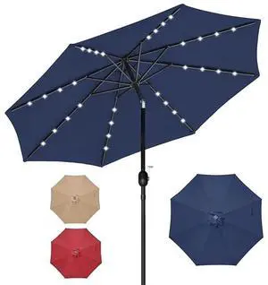 Solar Umbrella 9ft 32 LED Lighted Outdoor Table Market Umbrellas Dark Blue