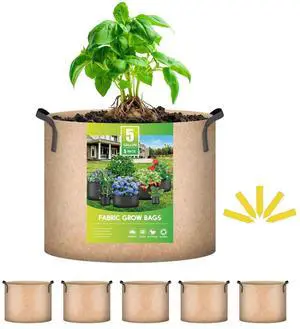 5-Pack 5 Gallon Plant Grow Bags Durable Container Strap Handles for Garden Tan