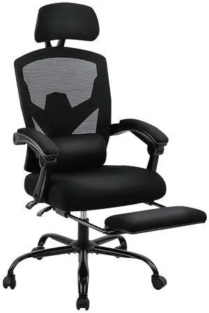 Retractable Footrest Ergonomic Swivel Office Chair with Lumbar Black