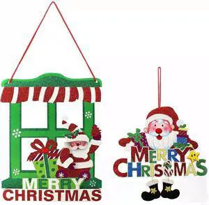 Merry Christmas Glitter Door Hanger Christmas Tree Ornament Signs Pattern B 2pcs