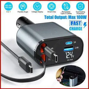 4IN1 100W Retractable Car Charger USB Type C Cable For Phone Fast Charge Adapter