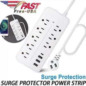 Surge Protector Power Strip- Flat Plug Extension Cord with 8AC Outlets and 3 USB