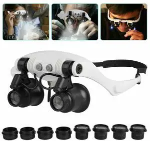 Magnifying Glass LED Light Head Loupe Jeweler Watch Bright Magnifier with 8 Lens