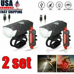 2Pcs/Set USB Rechargeable LED Bicycle Headlight Bike Front Rear Lamp Cycling USA