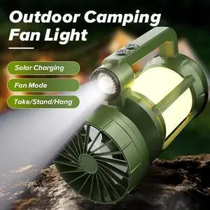 Solar Portable LED Camping Lantern with Fan USB Rechargeable Flashlight Lamp