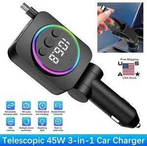3IN1 Retractable Car Charger USB A Type C PD Cable For Phone Fast Charge Adapter