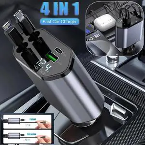 4 in 1 Retractable Car Charger Fast Car Phone Charger 120W With USB Type C Cable