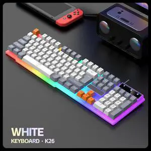 Computer Desktop Gaming Keyboard And Mouse Rainbow LED Backlit Mechanical Feel(WHITE)